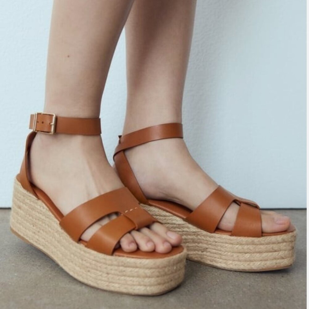 Zara Tan Leather Hessian Wedge Sandals Size 41
